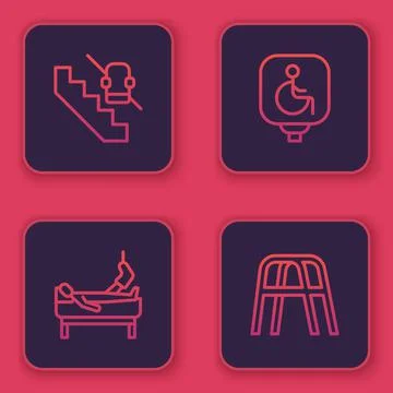 Set line Disabled elevator, Patient with broken leg, wheelchair and Walker. Blue Stock Illustration