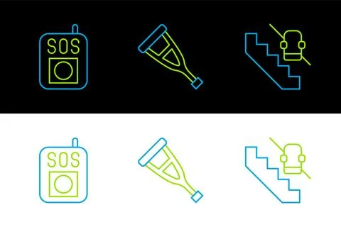 Set line Disabled elevator, Press the SOS button and Crutch crutches icon Stock Illustration
