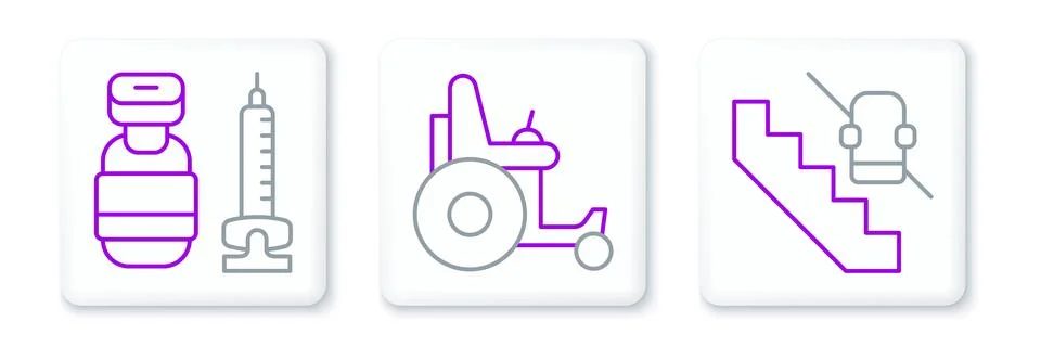 Set line Disabled elevator, Syringe and Electric wheelchair icon. Vector Stock Illustration