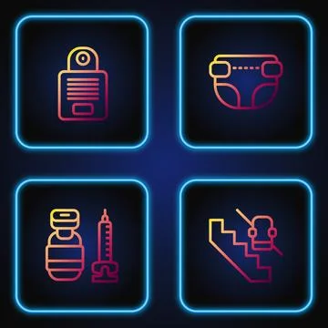 Set line Disabled elevator, Syringe, Intercom and Adult diaper. Gradient co.. Ilustración de archivo