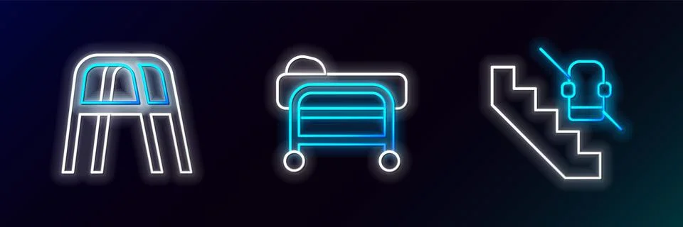 Set line Disabled elevator, Walker and Stretcher icon. Glowing neon. Vector 스톡 일러스트