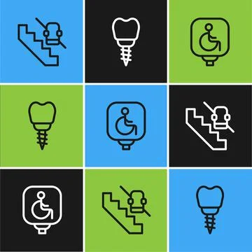 Set line Disabled elevator, wheelchair and Dental implant icon. Vector Stock Illustration