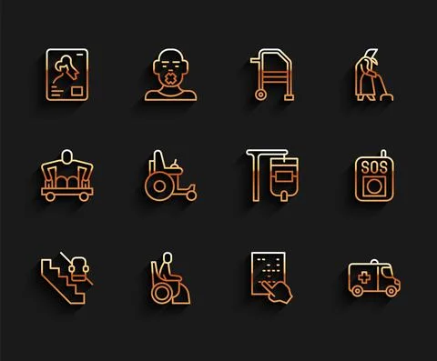 Set line Disabled elevator, Woman in wheelchair, X-ray shots, Braille, Emergency Stock Illustration