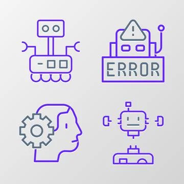Set line Disassembled robot, Humanoid, Error in and Robot icon. Vector Stock Illustration