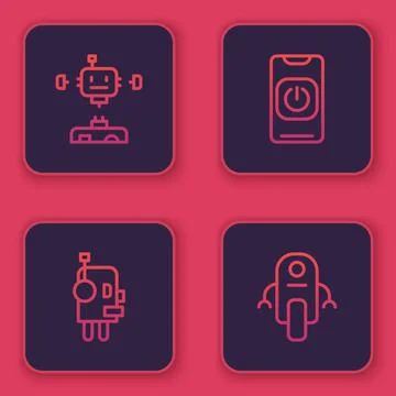 Set line Disassembled robot, Robot, Turn off from phone and . Blue square button Stock Illustration