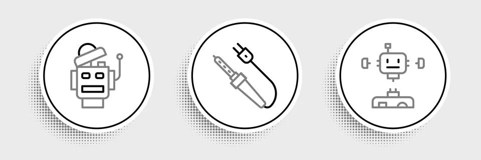 Set line Disassembled robot, Robot and Soldering iron icon. Vector Stock Illustration