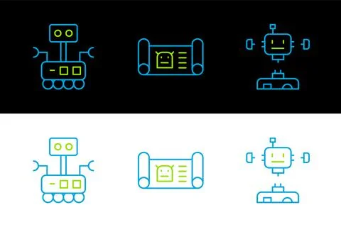 Set line Disassembled robot, Robot and blueprint icon. Vector Stock Illustration