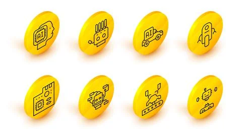 Set line Disassembled robot Robotic arm on factory Motherboard digital chip A Stock-Illustration