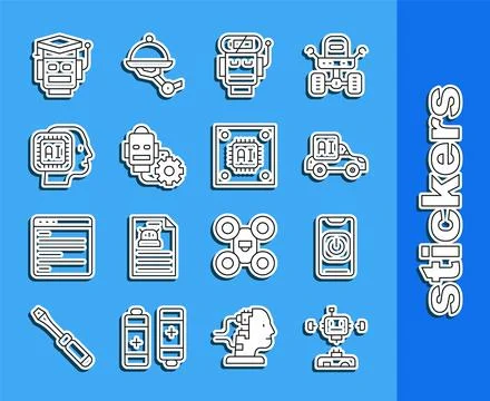 Set line Disassembled robot, Turn off from phone, Autonomous smart car, Robot Stock Illustration