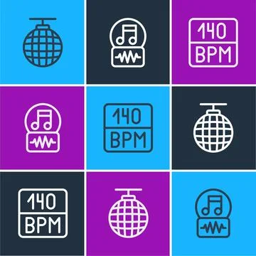 Set line Disco ball, Bitrate and Music note, tone icon. Vector Stock Illustration