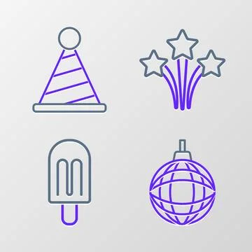 Set line Disco ball, Ice cream, Firework and Party hat icon. Vector Stock Illustration