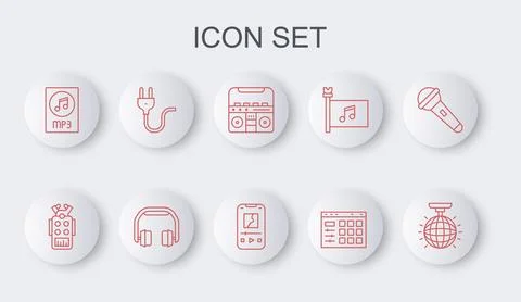 Set line Disco ball, Microphone, Home stereo with speakers, Drum machine, M.. Stock Illustration