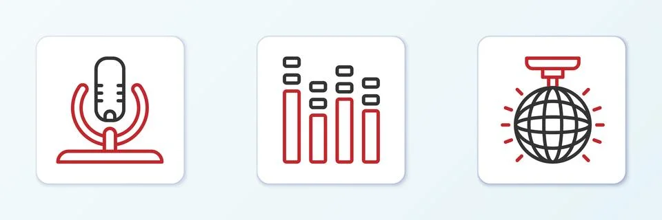 Set line Disco ball, Microphone and Music equalizer icon. Vector Stock Illustration