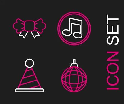 Set line Disco ball, Party hat, Music note, tone and Bow tie icon. Vector Stock Illustration