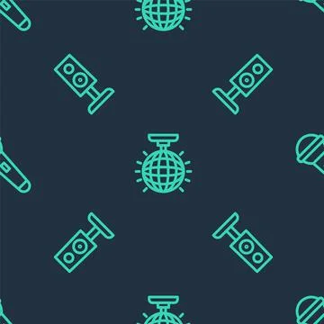 Set line Disco ball, Stereo speaker and Microphone on seamless pattern. Vector Stock Illustration