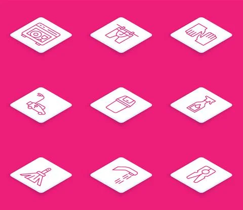 Set line Dishwasher machine, Drying clothes, Rubber gloves, Lawn mower, Trash Stock Illustration