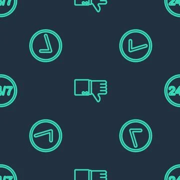 Set line Dislike, Check mark in circle and Clock 24 hours on seamless pattern Stock Illustration