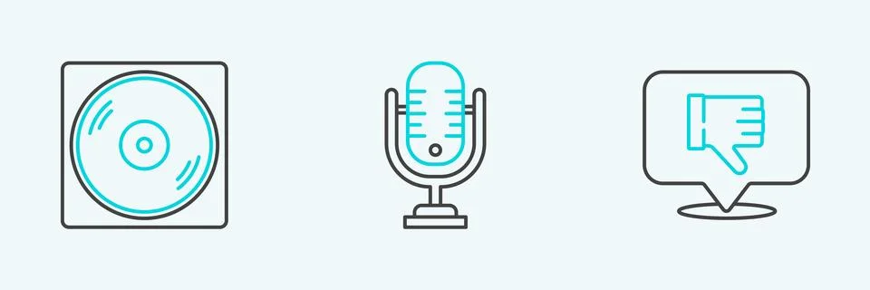 Set line Dislike in speech bubble, Vinyl disk and Microphone icon. Vector Stock Illustration