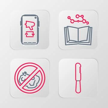 Set line Disposable plastic knife, No trash, Open book and Megaphone on mob.. Stock Illustration