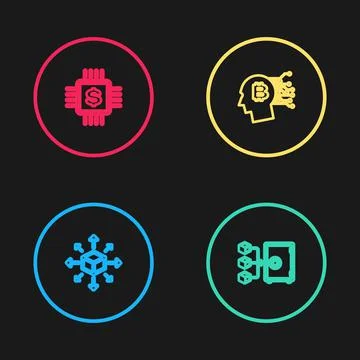 Set line Distribution, Proof of stake, Bitcoin think and Processor chip with  Stock Illustration