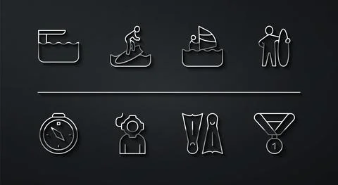 Set line Diving board or springboard, Compass, Surfboard, Flippers for swimming Stock Illustration