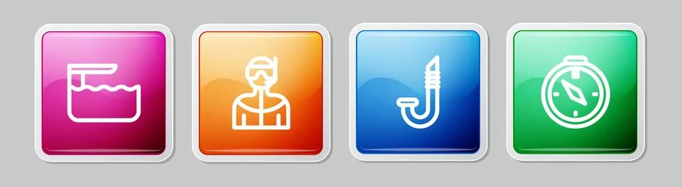 Set line Diving board or springboard, Wetsuit for scuba diving, Snorkel and.. Stock Illustration