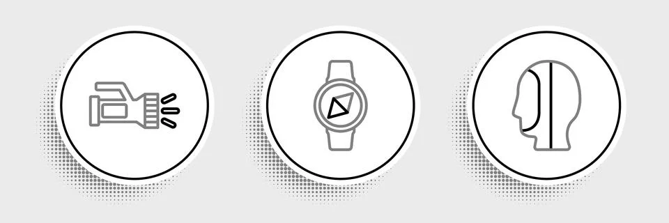 Set line Diving hood, Flashlight and Compass icon. Vector Stock Illustration