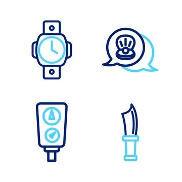 Set line Diving knife, Gauge scale, Scallop sea shell and watch icon. Vector Stock Illustration