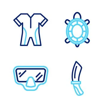 Set line Diving knife, mask, Turtle and Wetsuit for scuba diving icon. Vector Stock Illustration