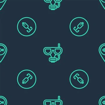 Set line Diving mask and snorkel, Fishing hook and Location fishing on seamless Stock Illustration