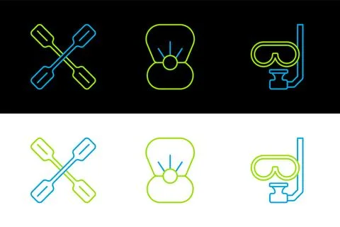 Set line Diving mask and snorkel, Paddle and Shell with pearl icon. Vector 스톡 일러스트