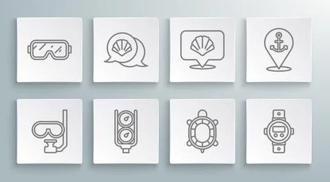 Set line Diving mask and snorkel, Scallop sea shell, Gauge scale, Turtle, watch Stock Illustration