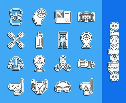 Set line Diving mask and snorkel, Flashlight, Scallop sea shell, Action camer Stock Illustration