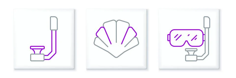 Set line Diving mask and snorkel, Snorkel and Scallop sea shell icon. Vector Stock Illustration