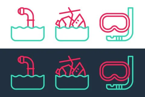 Set line Diving mask and snorkel, Periscope and Sinking cruise ship icon. Vector Stockillustratie