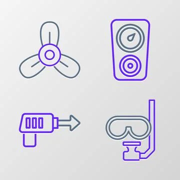 Set line Diving mask and snorkel, Fishing harpoon, Gauge scale and Boat Stock-Illustration