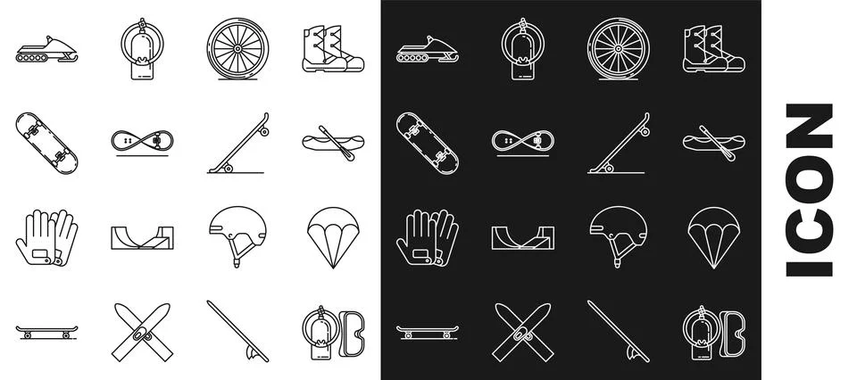 Set line Diving mask and aqualung, Parachute, Rafting boat, Bicycle wheel, .. Stock Illustration
