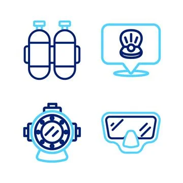 Set line Diving mask, Aqualung, Scallop sea shell and  icon. Vector Stock Illustration