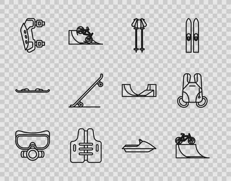 Set line Diving mask, Bicycle on street ramp, Ski poles, Life jacket, Knee .. Illustrazione stock