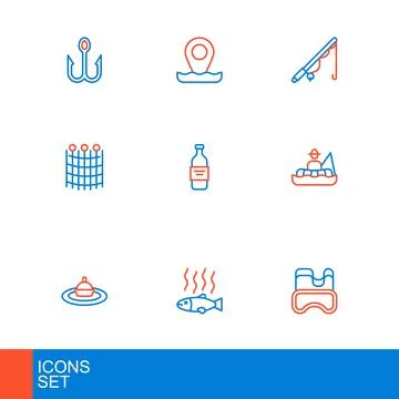 Set line Diving mask, Dead fish, Fishing float water, Fisherman boat, net p.. Stock Illustration