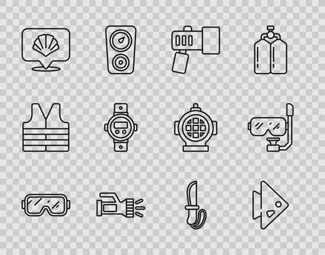 Set line Diving mask, Fish, Flashlight, Scallop sea shell, watch, Knife and and Stock Illustration