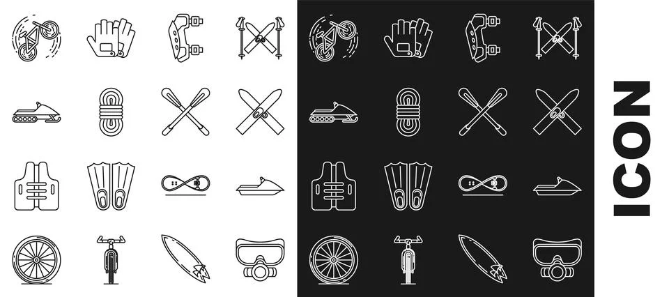Set line Diving mask, Jet ski, Ski and sticks, Knee pads, Climber rope, Sno.. Stock Illustration