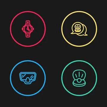 Set line Diving mask, Pearl, Scallop sea shell and watch icon. Vector Illustrazione stock