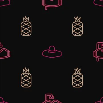 Set line Diving mask, Pineapple and Elegant women hat on seamless pattern. Ve Illustrazione stock