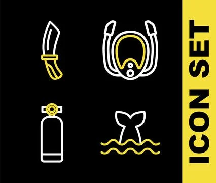 Set line Diving mask with snorkel, Whale tail, Aqualung and knife icon. Vector Illustrazione stock