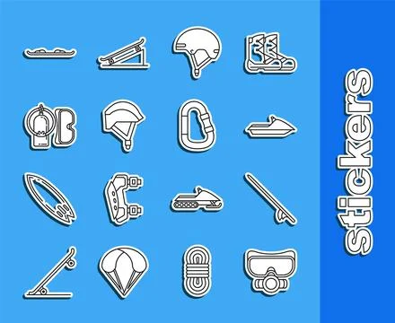 Set line Diving mask, Surfboard, Jet ski, Helmet, Bicycle helmet, and aqual.. Stock Illustration