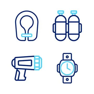 Set line Diving watch, Flashlight for diver, Aqualung and Life jacket icon... Stock Illustration