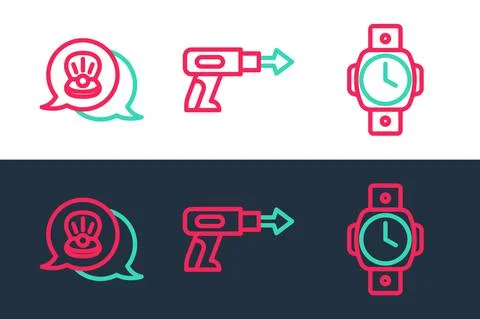Set line Diving watch, Scallop sea shell and Fishing harpoon icon. Vector Illustrazione stock