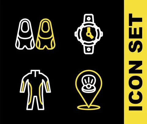 Set line Diving watch, Scallop sea shell, Wetsuit for scuba diving and Flippers Illustrazione stock