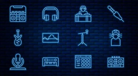 Set line DJ remote and mixing music, Man headphones, playing, Music wave eq.. Stock Illustration